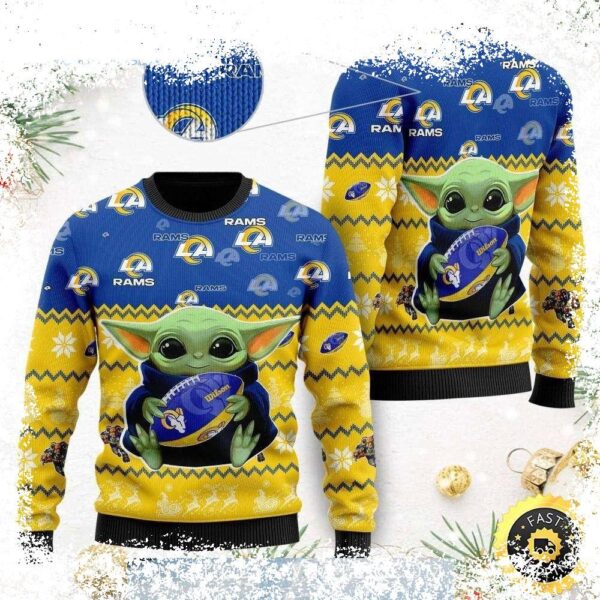 Celebrate the Rams and Baby Yoda this holiday season with our hilarious Ugly Christmas Sweater! Get yours now before they're gone! - Image 1 - rugbyfanstore.com