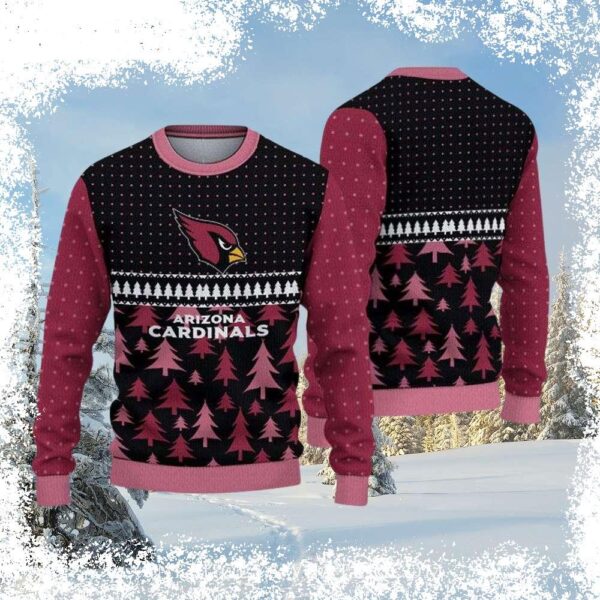 Show your team spirit this holiday season with our Arizona Cardinals Christmas sweater featuring a festive black and pine tree design. Shop now and get ready to cheer on the Cards in style! - Image 1 - rugbyfanstore.com