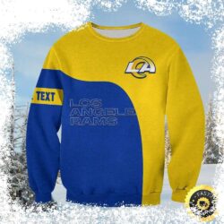 Show your Rams pride this Christmas with this stylish blue and yellow color block sweater! Perfect for game day or holiday gatherings. Shop now and get ready to cheer on your team! - Image 1 - rugbyfanstore.com