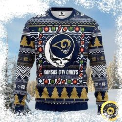 Show your love for the Grateful Dead and the Rams with this festive Ugly Xmas Sweater! Featuring a skull and crossbones design, this sweater is perfect for any fan. Shop now and get ready for the holi - Image 1 - rugbyfanstore.com