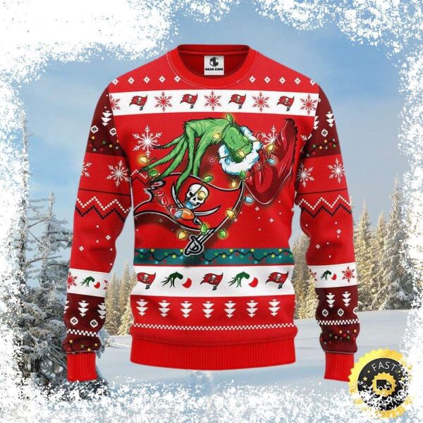 Show your Tampa Bay Buccaneers pride this Christmas with this hilarious Grinch-themed sweater featuring festive lights! Get yours now and be the talk of the holiday party! - Image 1 - rugbyfanstore.com