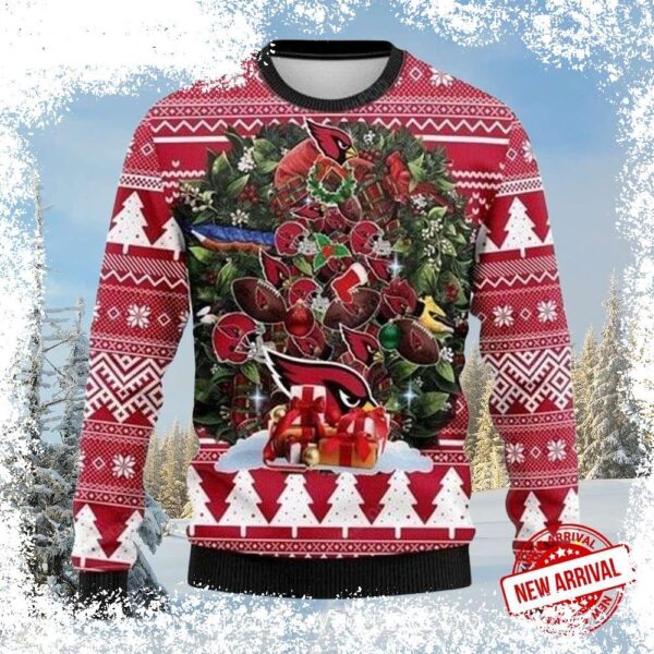 Show your Arizona Cardinals pride this holiday season with our hilarious Ugly Xmas sweater! Featuring a festive wreath and gifts design, it's sure to be a conversation starter. Shop now and get ready - Image 1 - rugbyfanstore.com