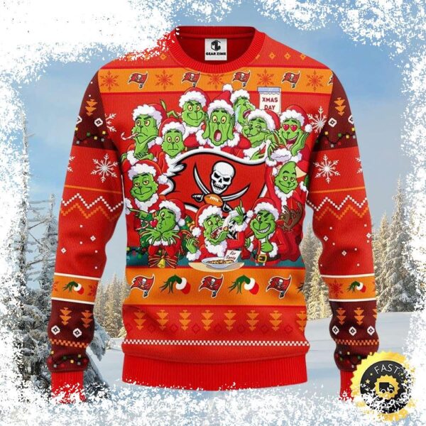 Show your Tampa Bay Buccaneers pride this Christmas with our hilarious Grinch-themed ugly sweater! Perfect for holiday gatherings, this festive design is sure to turn heads. Shop now and spread some h - Image 1 - rugbyfanstore.com