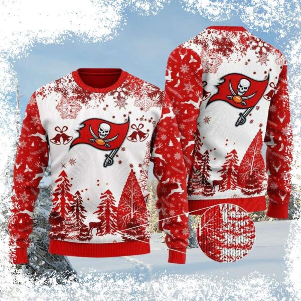 Show your Bucs pride this holiday season with our festive red and white Christmas sweater! Perfect for game day or holiday gatherings, this sweater features a unique design and is sure to turn heads. - Image 1 - rugbyfanstore.com