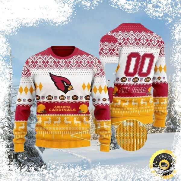 Show your Arizona Cardinals pride this Christmas with a custom ugly sweater! Get yours personalized with your name and number. Shop now and be the most festive fan at the holiday party! - Image 1 - rugbyfanstore.com