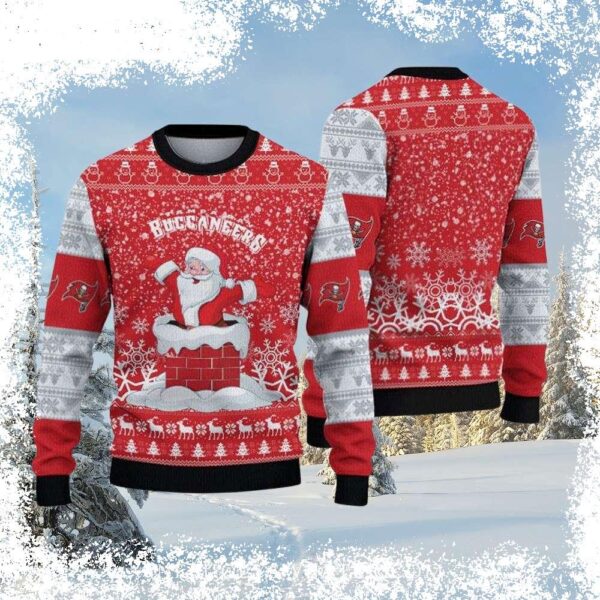 Spread some Bucs cheer this Christmas with our hilarious Tampa Bay Buccaneers Santa in Chimney Ugly Christmas Sweater! Perfect for game day or holiday parties. Shop now and get ready to jingle all th - Image 1 - rugbyfanstore.com