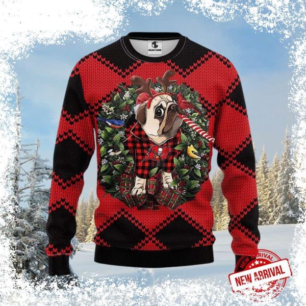 Get ready for the holidays with this hilarious Pug With Reindeer Antlers Ugly Xmas Sweater! Show your Tampa Bay Buccaneers pride in style. Shop now for the perfect festive gift! - Image 1 - rugbyfanstore.com