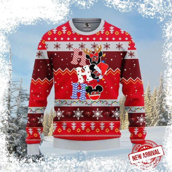 Show your Tampa Bay Buccaneers pride this holiday season with this festive Xmas sweater featuring Mickey Mouse! Get yours today and spread some holiday cheer. - Image 1 - rugbyfanstore.com