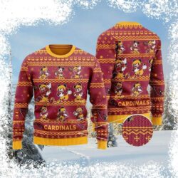 Show your team spirit with this hilarious Arizona Cardinals Mickey and Friends Ugly Christmas Sweater! Perfect for game day or holiday parties. Shop now and spread the cheer! - Image 1 - rugbyfanstore.com