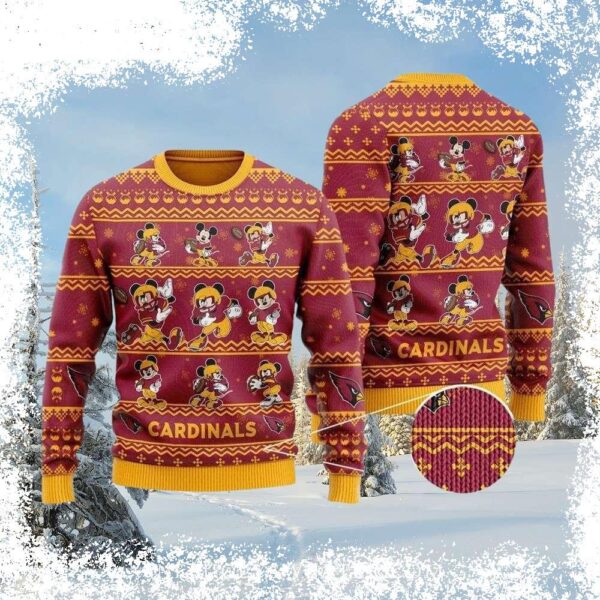 Show your team spirit with this hilarious Arizona Cardinals Mickey and Friends Ugly Christmas Sweater! Perfect for game day or holiday parties. Shop now and spread the cheer! - Image 1 - rugbyfanstore.com