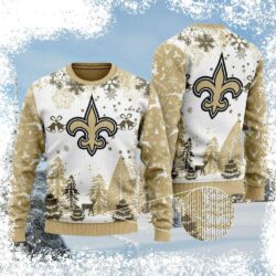 Show your Who Dat pride with this hilarious New Orleans Saints Ugly Christmas Sweater! Featuring snowy white trees, this sweater is perfect for any fan who loves a good laugh. Order yours today! - Image 1 - rugbyfanstore.com