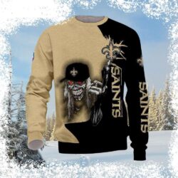 Show your Saints pride this holiday season with this hilarious Grim Skeleton With Cap Ugly Christmas Sweater! Perfect for game day or festive gatherings. Shop now! - Image 1 - rugbyfanstore.com