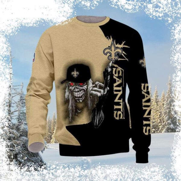 Show your Saints pride this holiday season with this hilarious Grim Skeleton With Cap Ugly Christmas Sweater! Perfect for game day or festive gatherings. Shop now! - Image 1 - rugbyfanstore.com