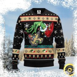 Show your Saints pride this holiday season with this hilarious "Hand of Grinch" ugly Christmas sweater! Perfect for game day or festive gatherings. Shop now and get ready to spread some holiday cheer! - Image 1 - rugbyfanstore.com