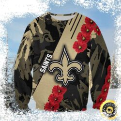 Unleash your Saints spirit with this hilarious ugly Christmas sweater featuring camouflage and red flowers! Perfect for game day or holiday parties. Shop now and spread the cheer! - Image 1 - rugbyfanstore.com