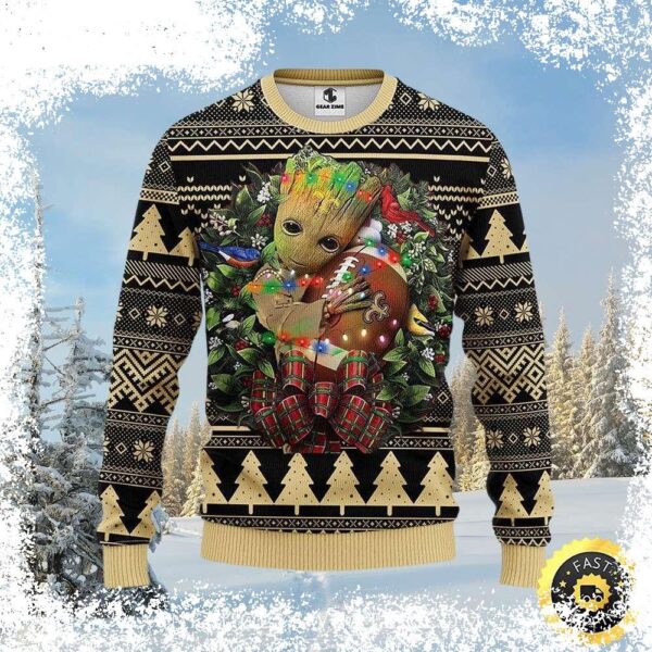 Deck the halls with this adorable New Orleans Saints Baby Groot Christmas Lights Ugly Sweater! Perfect for any Who Dat fan, this festive sweater is sure to turn heads. Shop now and show your team spir - Image 1 - rugbyfanstore.com