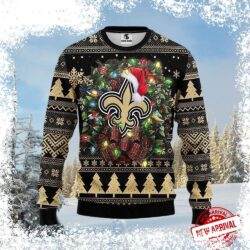 Show your Saints pride this Christmas with our festive wreath featuring bright lights and an ugly sweater design! Add some Who Dat spirit to your holiday decor. Shop now! - Image 1 - rugbyfanstore.com