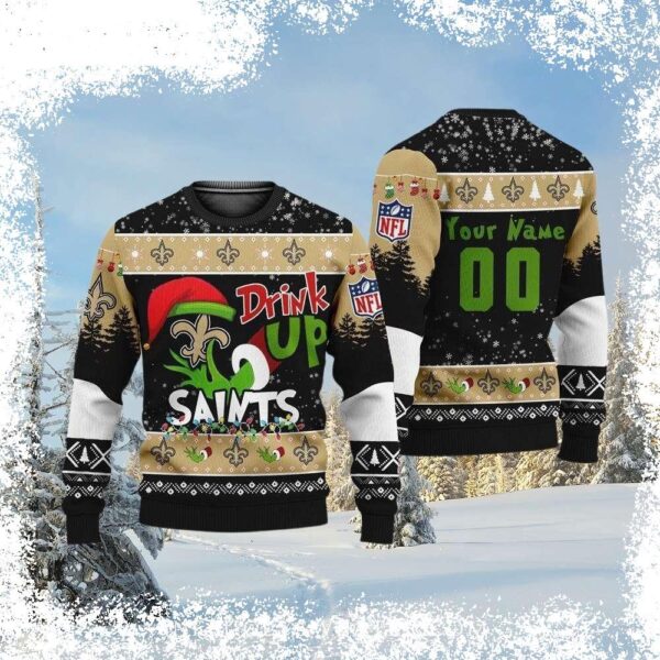 Show your Saints pride this holiday season with our hilarious Grinch-themed ugly Christmas sweater! Perfect for tailgating or festive gatherings, this sweater is sure to be a conversation starter. Ord - Image 1 - rugbyfanstore.com