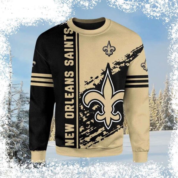 Get ready to jingle all the way in this bold diagonal stripe New Orleans Saints Ugly Christmas Sweater! Perfect for festive game day, this sweater is sure to turn heads. Shop now and show your team - Image 1 - rugbyfanstore.com