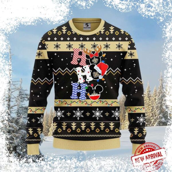 Spread some holiday cheer with this hilarious New Orleans Saints HoHoHo Mickey Mouse Christmas Ugly Sweater! Perfect for game day or your next festive gathering. Shop now and show your Saints pride! - Image 1 - rugbyfanstore.com