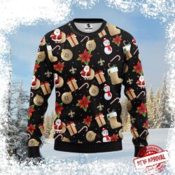 Show your Saints pride this holiday season with this festive poinsettia ornament ugly Christmas sweater! Perfect for game day or holiday gatherings. Shop now and get yours before they're gone! - Image 1 - rugbyfanstore.com