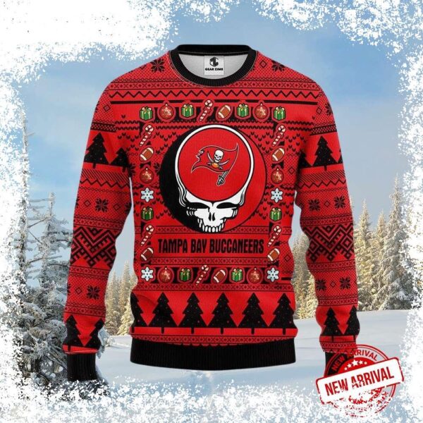 Show your love for the Grateful Dead and the Bucs with this unique ugly Christmas sweater! Featuring a skull and crossbones design with Tampa Bay Buccaneers colors, it's the perfect way to stand out a - Image 1 - rugbyfanstore.com