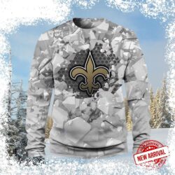 Show your Saints pride this Christmas with this stunning shattered ice effect sweater featuring the Fleur-de-lis! Perfect for game day or holiday gatherings. Shop now and get ready to cheer! - Image 1 - rugbyfanstore.com