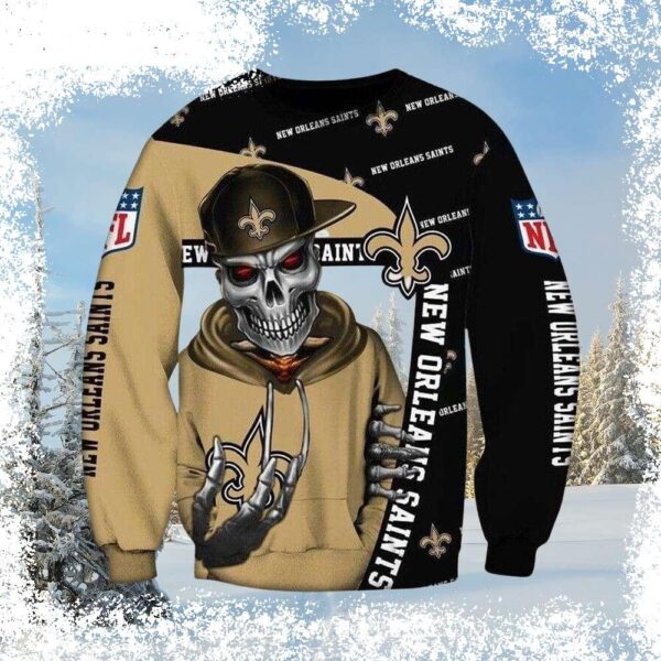 Get ready to spread some holiday cheer in this hilarious Skeleton In Saints Hoodie! This New Orleans Saints Ugly Christmas sweater is perfect for any fan. Shop now and make a statement this Christmas! - Image 1 - rugbyfanstore.com