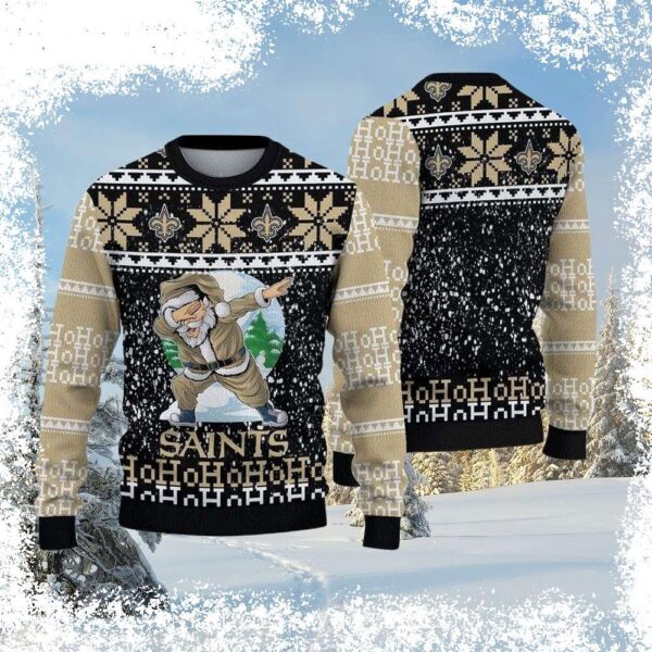 Show your Saints pride this holiday season with our hilarious "Santa Dabbing in Snow" ugly Christmas sweater! Get yours now and spread some festive cheer! - Image 1 - rugbyfanstore.com