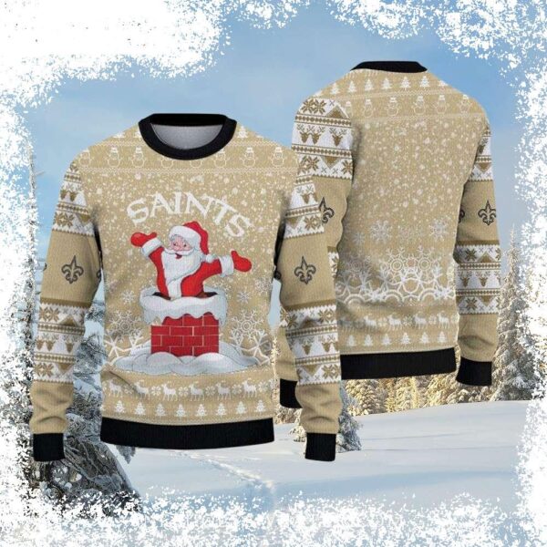 Show your Saints pride this Christmas with our hilarious "Santa Coming Down Chimney" ugly Christmas sweater! Get yours today and spread some festive cheer! - Image 1 - rugbyfanstore.com