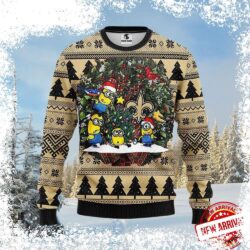 Spread some Who Dat cheer this Christmas with this hilarious New Orleans Saints Minions Christmas tree ugly sweater! Perfect for Saints fans who love a good laugh. Shop now and get ready for the holid - Image 1 - rugbyfanstore.com