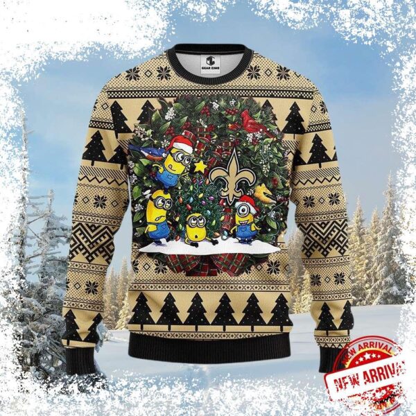 Spread some Who Dat cheer this Christmas with this hilarious New Orleans Saints Minions Christmas tree ugly sweater! Perfect for Saints fans who love a good laugh. Shop now and get ready for the holid - Image 1 - rugbyfanstore.com