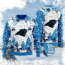 Show your Carolina Panthers pride this holiday season with our hilarious Snowflake and Panthers logo Ugly Xmas Sweater! Get yours today and spread some festive cheer. - Image 1 - rugbyfanstore.com