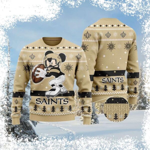 Show your Saints pride this holiday season with our hilarious Mickey Mouse football Ugly Christmas Sweater! Perfect for game day or any festive gathering. Shop now and get ready to spread some cheer! - Image 1 - rugbyfanstore.com