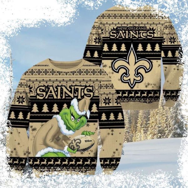 Show your Who Dat pride this Christmas with our hilarious New Orleans Saints Grinch Holding Football Ugly Christmas Sweater! Get yours today and spread some holiday cheer! - Image 1 - rugbyfanstore.com