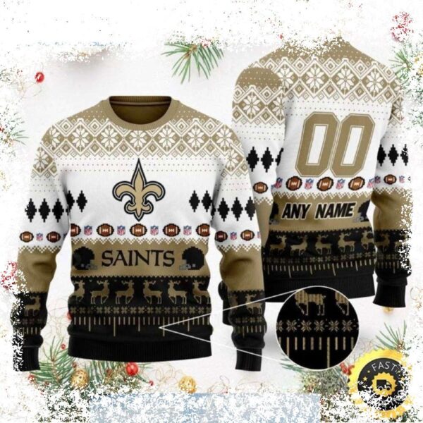 Show your Saints pride this Christmas with our custom reindeer football ugly Christmas sweater! Perfect for game day or holiday gatherings. Shop now and get your unique sweater! - Image 1 - rugbyfanstore.com