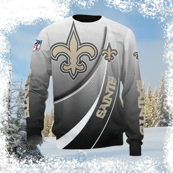 Show your Saints pride this holiday season with our eye-catching Gradient Silver and Black Swirl Ugly Xmas Sweater. Get yours now before they're gone! - Image 1 - rugbyfanstore.com