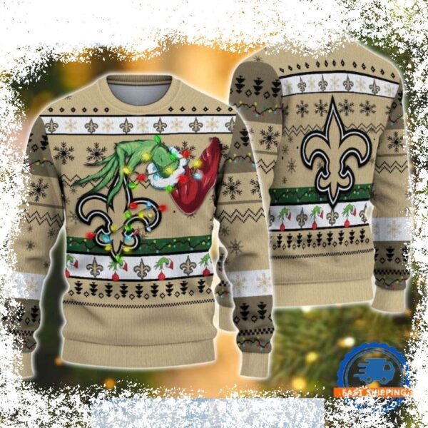 Show your Who Dat spirit this holiday season with our hilarious New Orleans Saints Grinch Stealing Christmas ugly sweater! Perfect for game day or festive gatherings, this sweater is sure to turn hea - Image 1 - rugbyfanstore.com