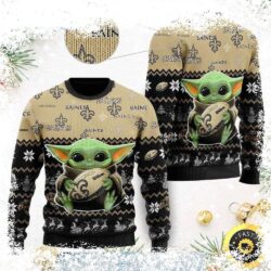 Show your Who Dat pride this holiday season with our adorable New Orleans Saints Baby Yoda Football Ugly Christmas Sweater! Perfect for game day or festive gatherings, this unique sweater is sure to b - Image 1 - rugbyfanstore.com