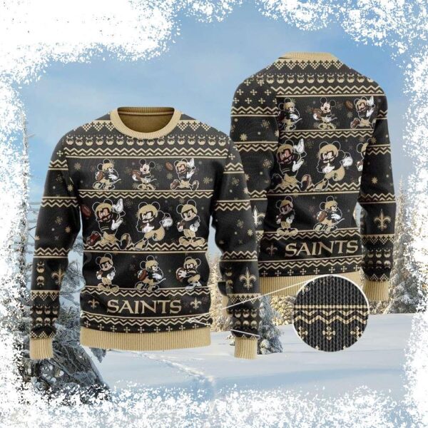 Get ready to cheer on the Saints this Christmas with our hilarious Mickey And Friends Football Fun Ugly Xmas Sweater! This festive and fun sweater features Mickey Mouse, Minnie Mouse, and Goofy sporti - Image 1 - rugbyfanstore.com