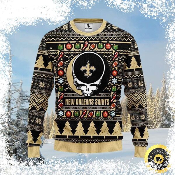 Show your Saints pride this holiday season with our unique Grateful Dead Skull themed Xmas sweater! This limited edition design is perfect for tailgating or rocking out at home. Shop now and get your - Image 1 - rugbyfanstore.com