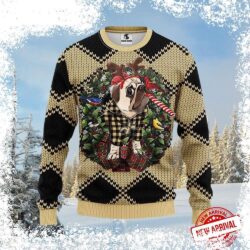 Show your Saints pride this holiday season with our festive bulldog wreath plaid ugly Christmas sweater! Perfect for game day or any holiday gathering. Shop now and get ready to cheer! - Image 1 - rugbyfanstore.com