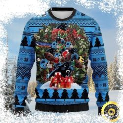 Show your Carolina Panthers pride this holiday season with this hilarious Ugly Christmas Sweater! Featuring a wreath and presents, this sweater is sure to turn heads. Shop now and get ready to celebra - Image 1 - rugbyfanstore.com