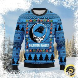 Show your Carolina Panthers pride this Christmas with this hilarious ugly sweater! Featuring a skull and ornaments, it's perfect for any fan. Shop now and get ready to jingle all the way! - Image 1 - rugbyfanstore.com