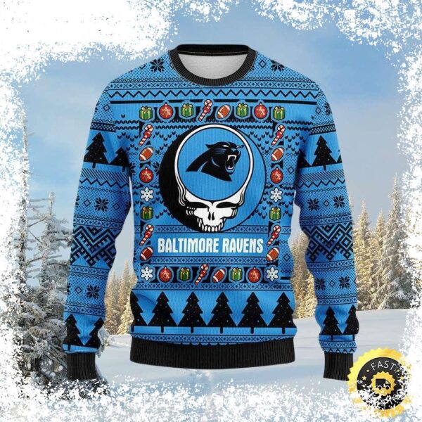 Show your Carolina Panthers pride this Christmas with this hilarious ugly sweater! Featuring a skull and ornaments, it's perfect for any fan. Shop now and get ready to jingle all the way! - Image 1 - rugbyfanstore.com