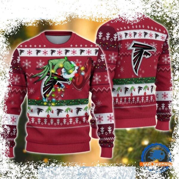 Show your Atlanta Falcons pride this Christmas with this hilarious Grinch-themed ugly sweater! Featuring lights, logos, and a festive design, this sweater is sure to turn heads. Order yours today and - Image 1 - rugbyfanstore.com