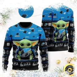 Show your Carolina Panthers pride this Christmas with our adorable Baby Yoda ugly sweater! Get yours now and spread holiday cheer with this unique design. - Image 1 - rugbyfanstore.com