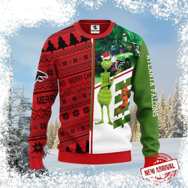 Spread holiday cheer with our hilarious Atlanta Falcons Christmas sweater! Featuring the Grinch and Scooby Doo, this unique design is perfect for any fan. Shop now and get ready for the holidays in st - Image 1 - rugbyfanstore.com