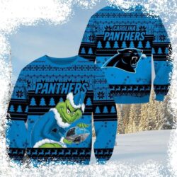 Show your Carolina Panthers pride this Christmas with this hilarious Grinch-themed ugly sweater! Stealing the football, this sweater is sure to get laughs and compliments. Shop now! - Image 1 - rugbyfanstore.com