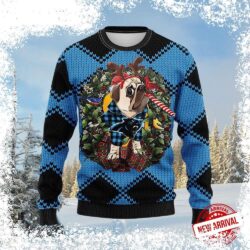 Show your Carolina Panthers pride this holiday season with our hilarious Pug Dog Reindeer Wreath Ugly Christmas Sweater! Get ready for some festive laughs with this unique design. Shop now and be the - Image 1 - rugbyfanstore.com